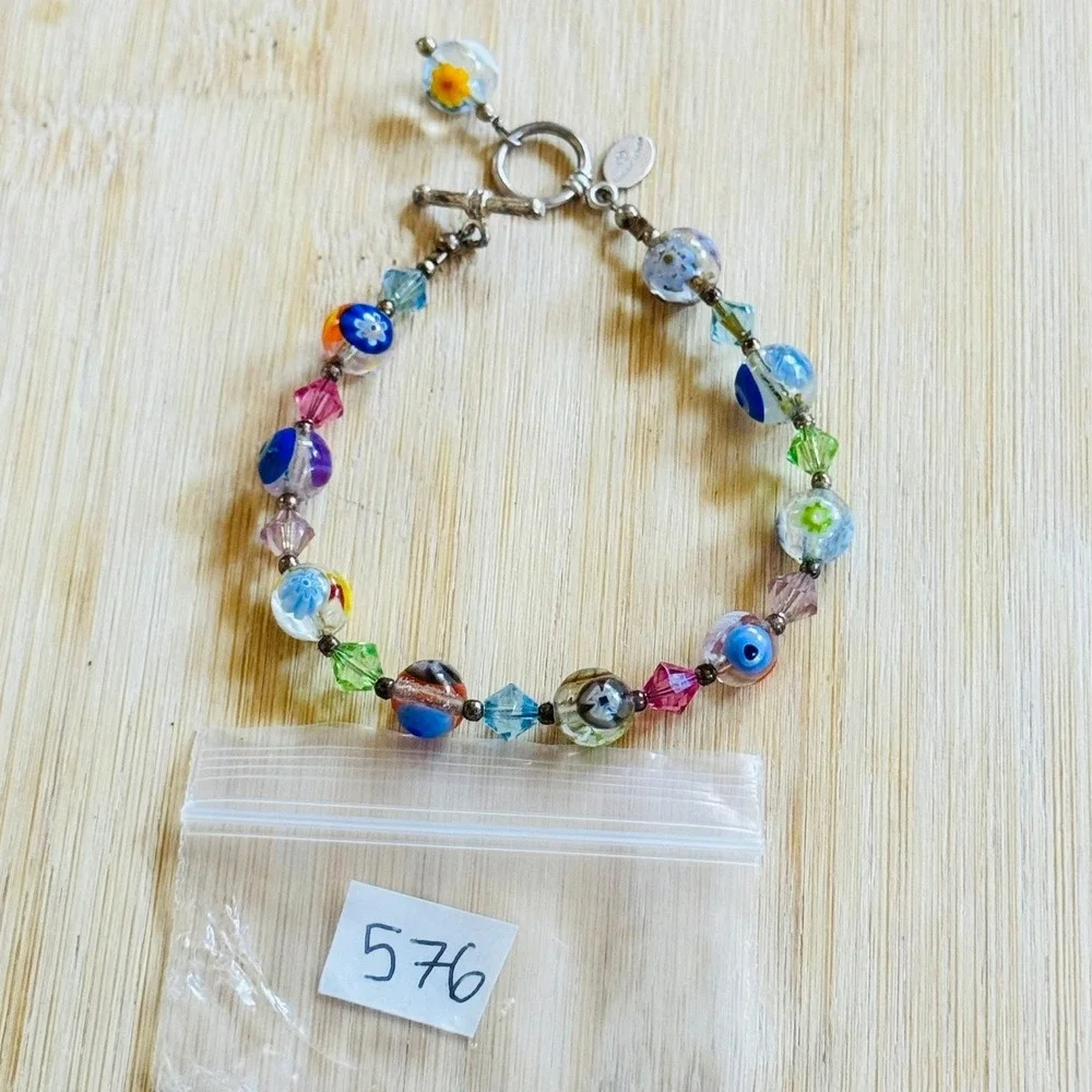 Lucky Clover Bracelet Murano Venetian Art Glass Beads Toggle Millefiori 925 7.5